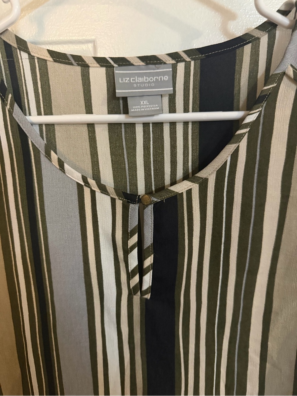 Liz Claiborne Olive Green Black and Cream Striped Blouse